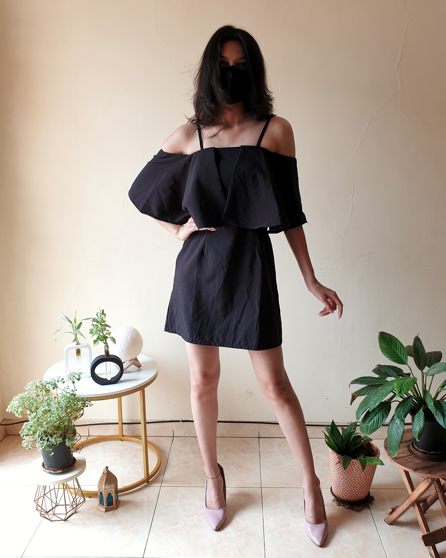 Black Ruffle Off-Shoulder Singlet Straight Fit Dress