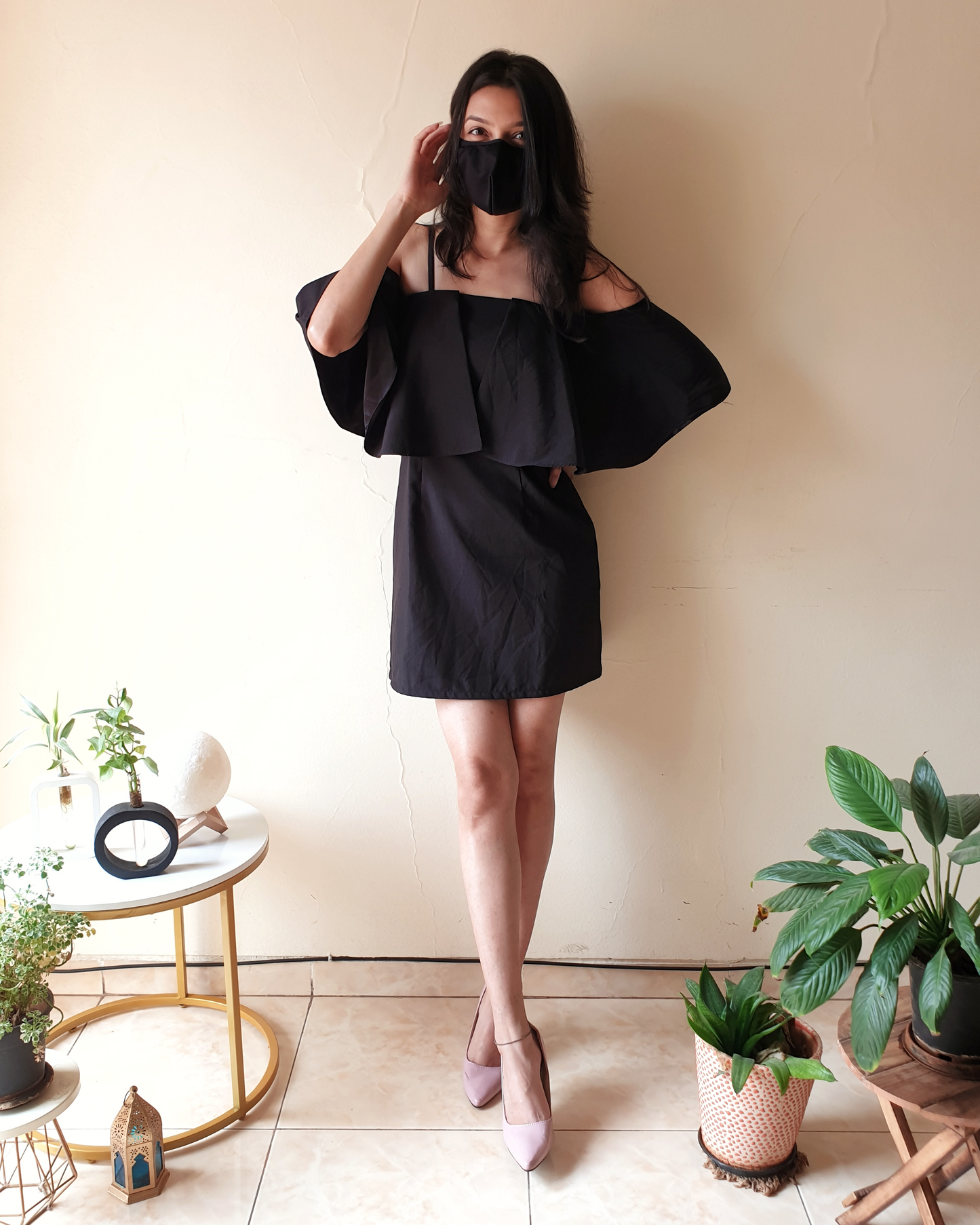 Black Ruffle Off-Shoulder Singlet Straight Fit Dress