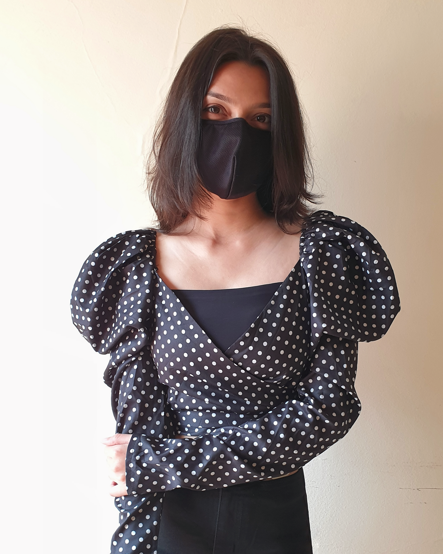 Polka Dot Puff Sleeves Retro Wrap Around Croptop