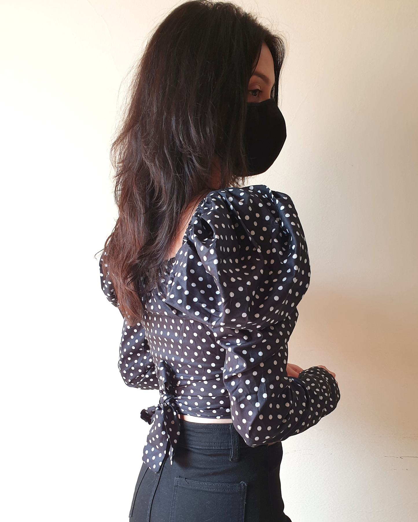 Polka Dot Puff Sleeves Retro Wrap Around Croptop