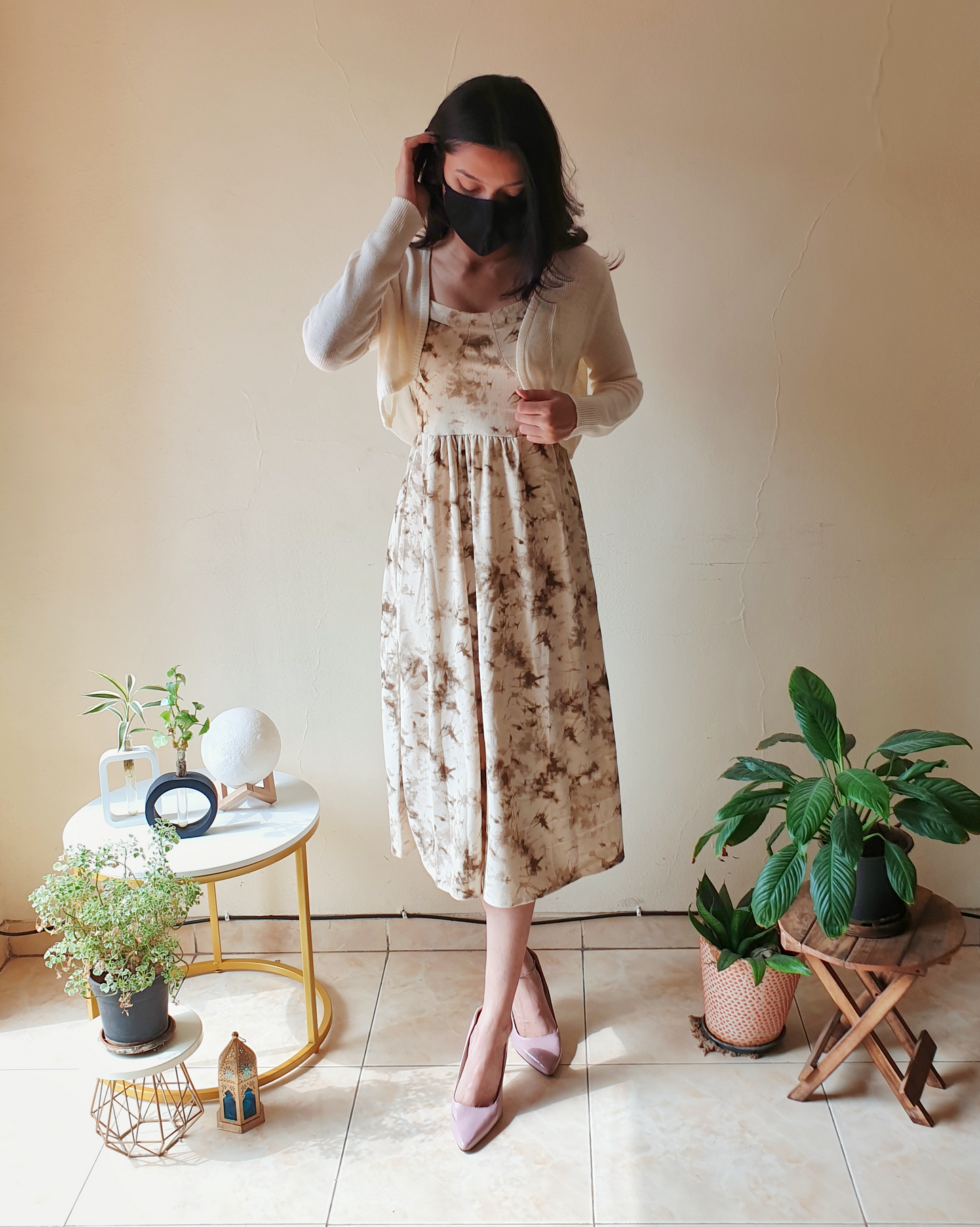 Beige Cream Tie-dye Washed Soft Corduroy Dress