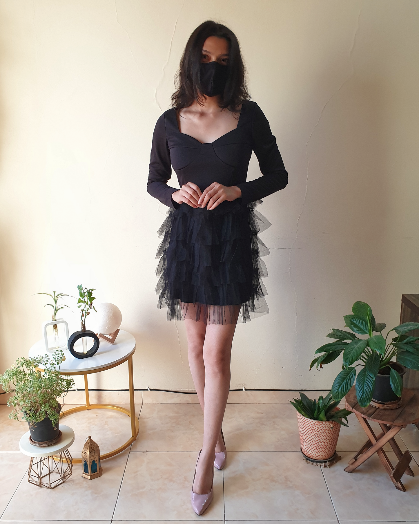 Black Ruffle Square-neck Tulle Dress