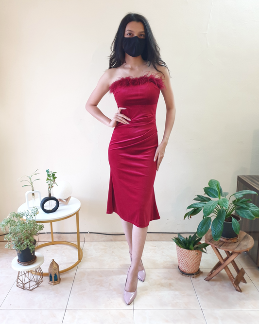 Maroon Fur Tube Velvet Ruched Bodycon Dress