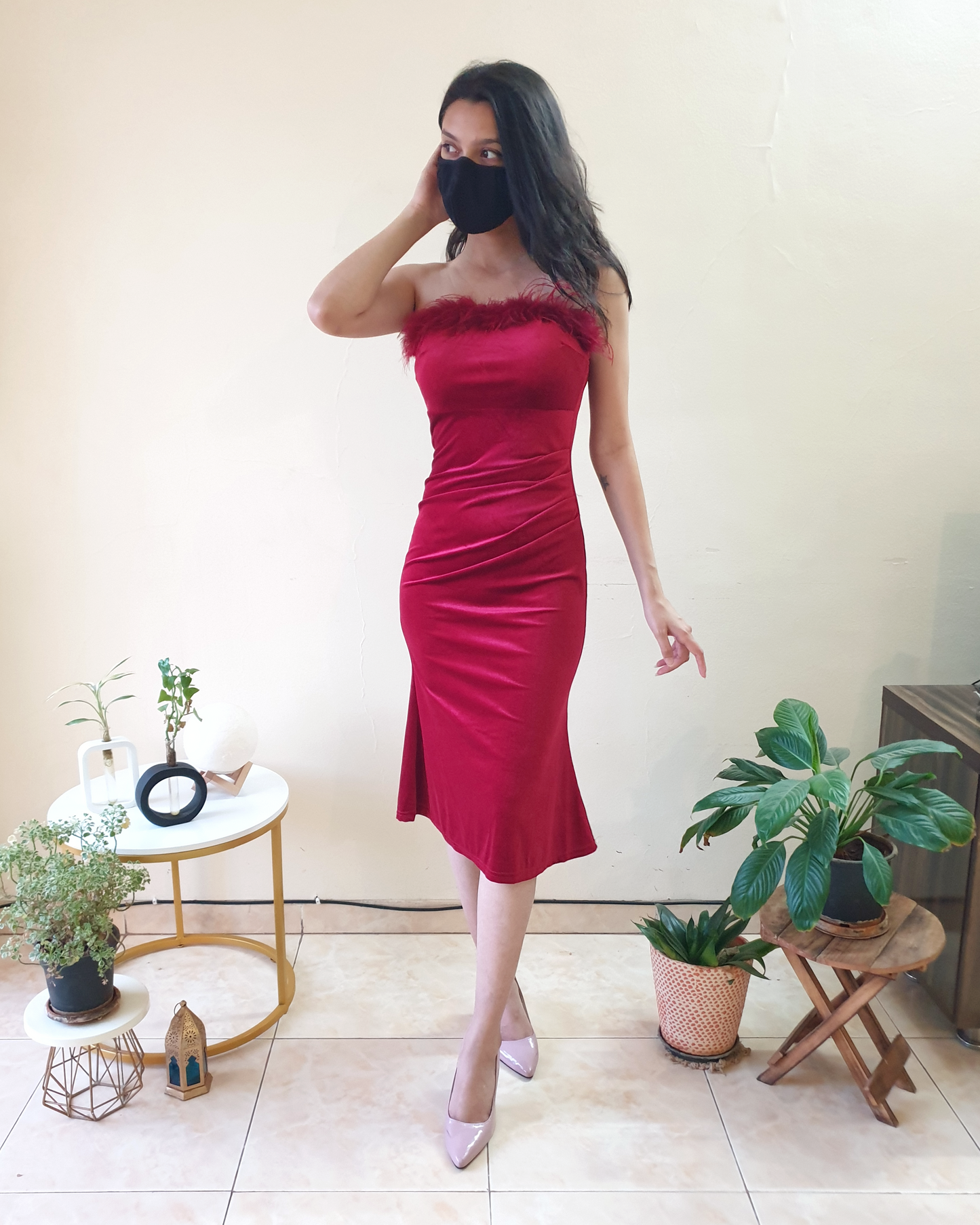 Maroon Fur Tube Velvet Ruched Bodycon Dress