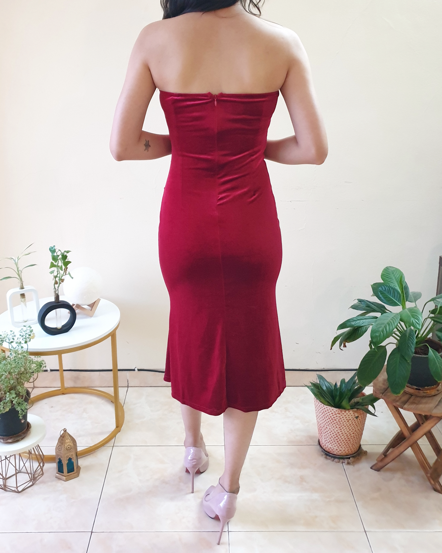 Maroon Fur Tube Velvet Ruched Bodycon Dress