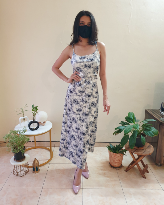 White Navy Velvet Floral Watercolor Print Maxi Dress