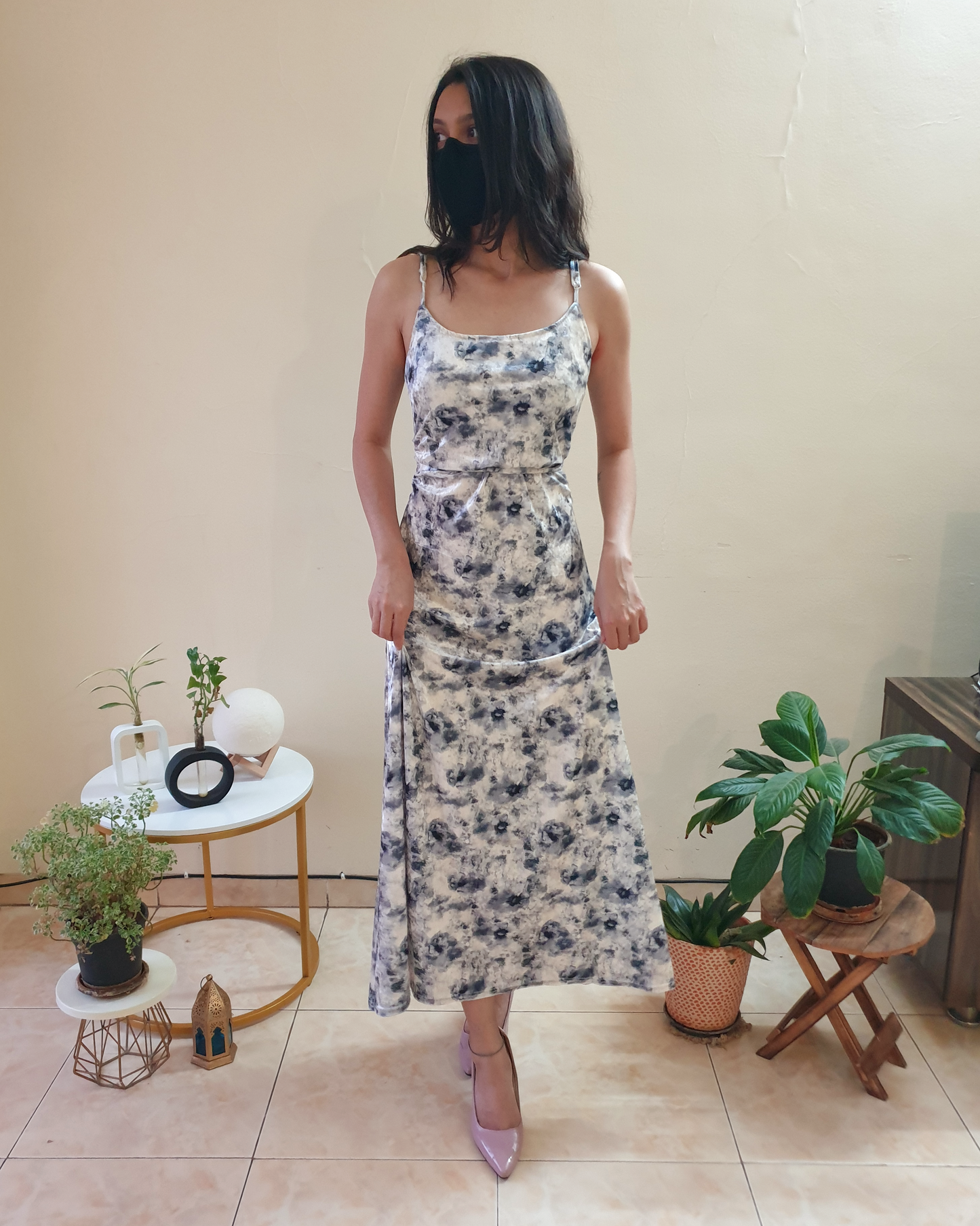 White Navy Velvet Floral Watercolor Print Maxi Dress