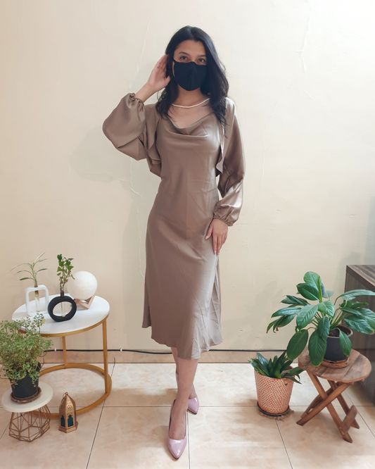 Brown Satin Cowlneck 2 Piece Dress