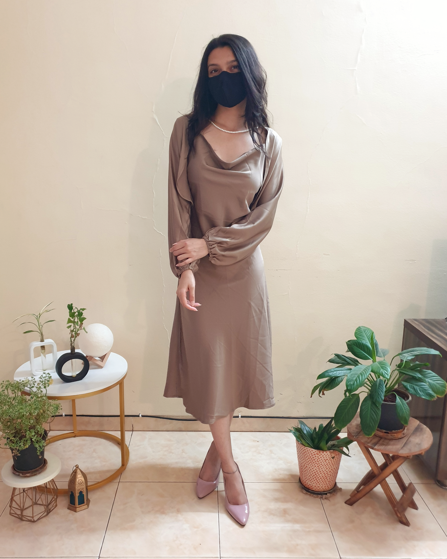 Brown Satin Cowlneck 2 Piece Dress