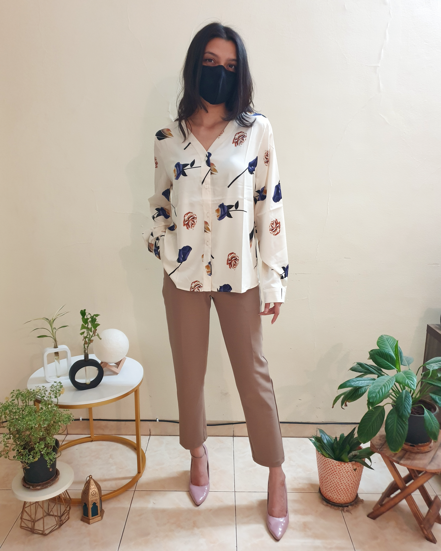 Beige Satin Floral Printed Shirt