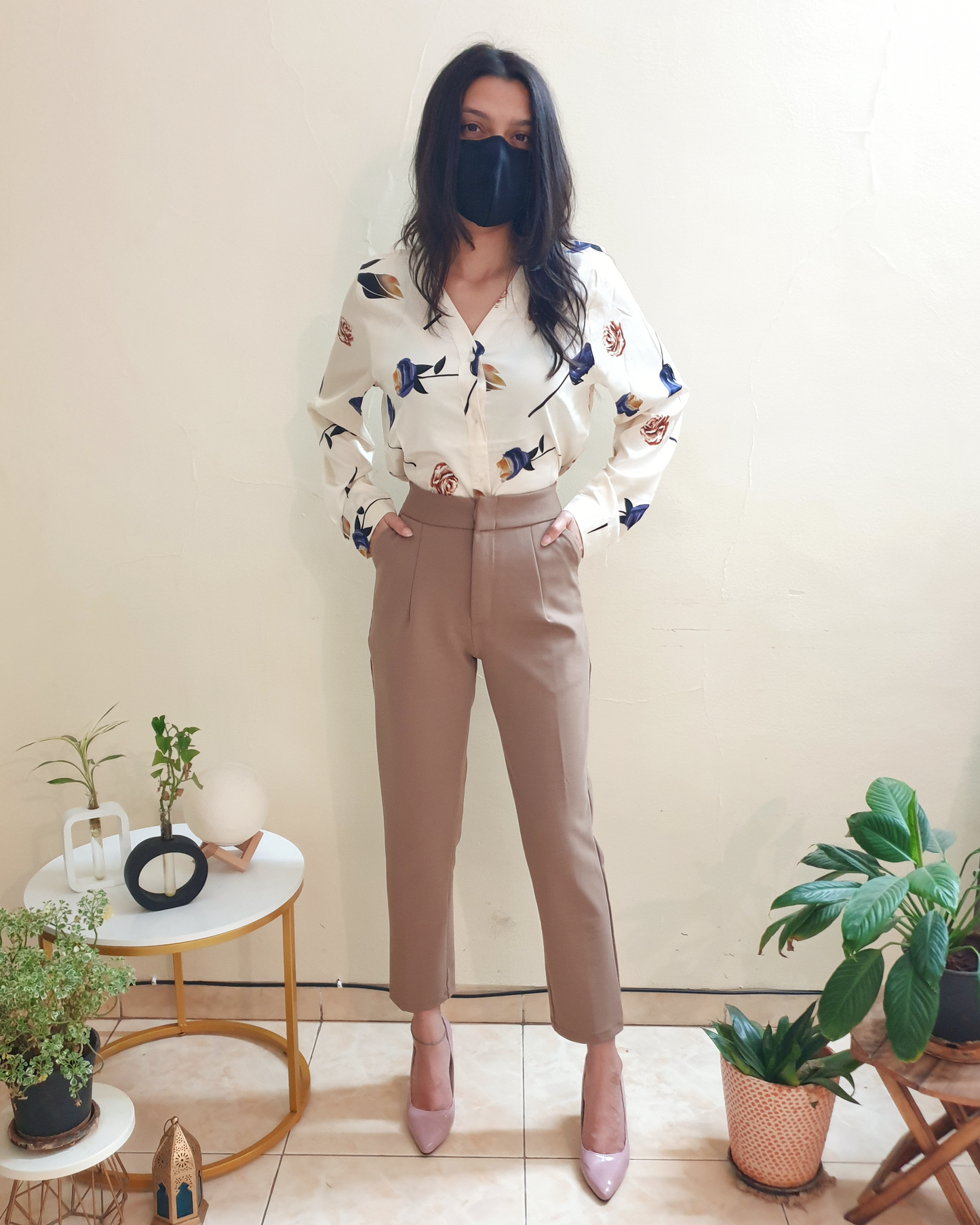 Beige Satin Floral Printed Shirt