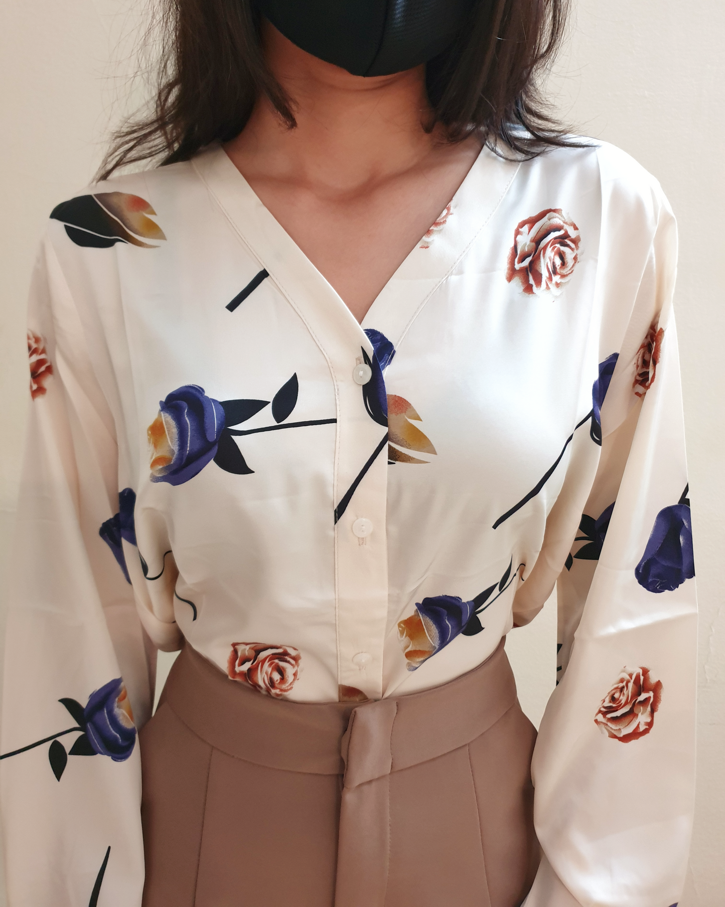 Beige Satin Floral Printed Shirt