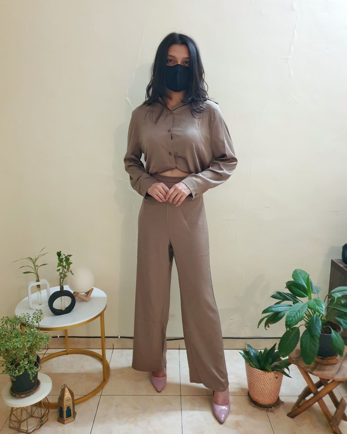 Nude Brown Satin Co-ord Set