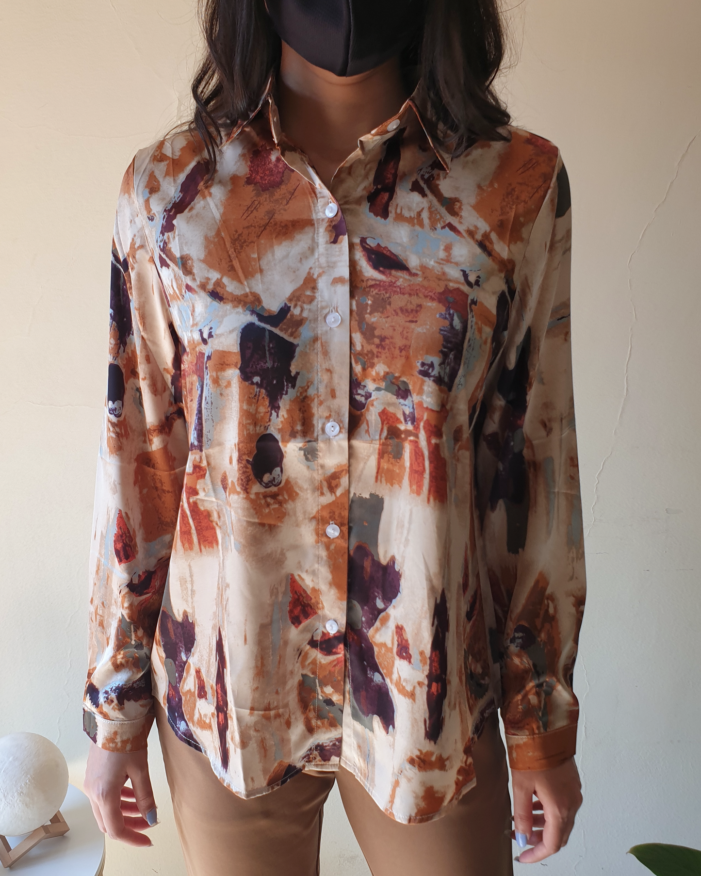 Beige Rust Printed Satin Shirt