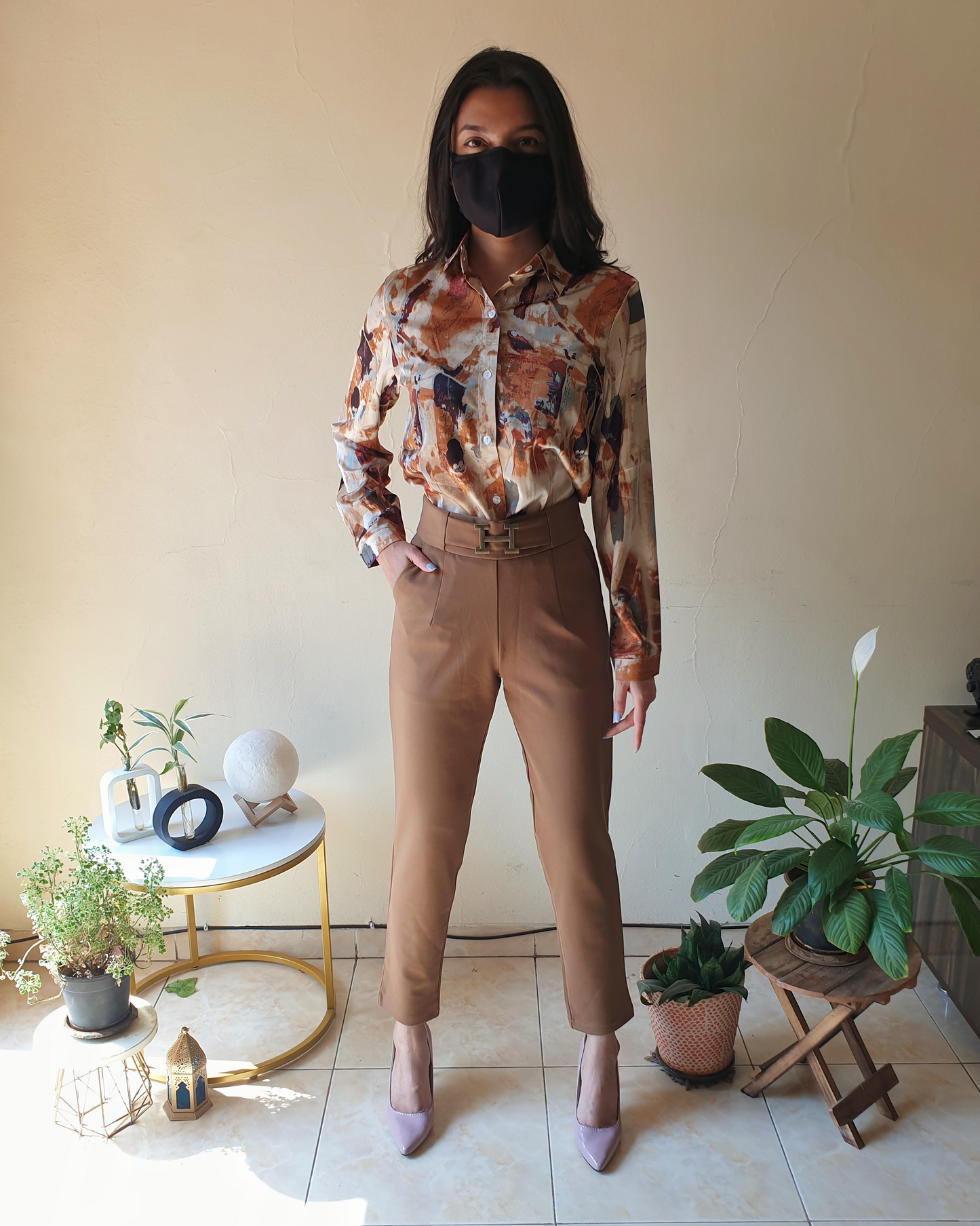 Beige Rust Printed Satin Shirt