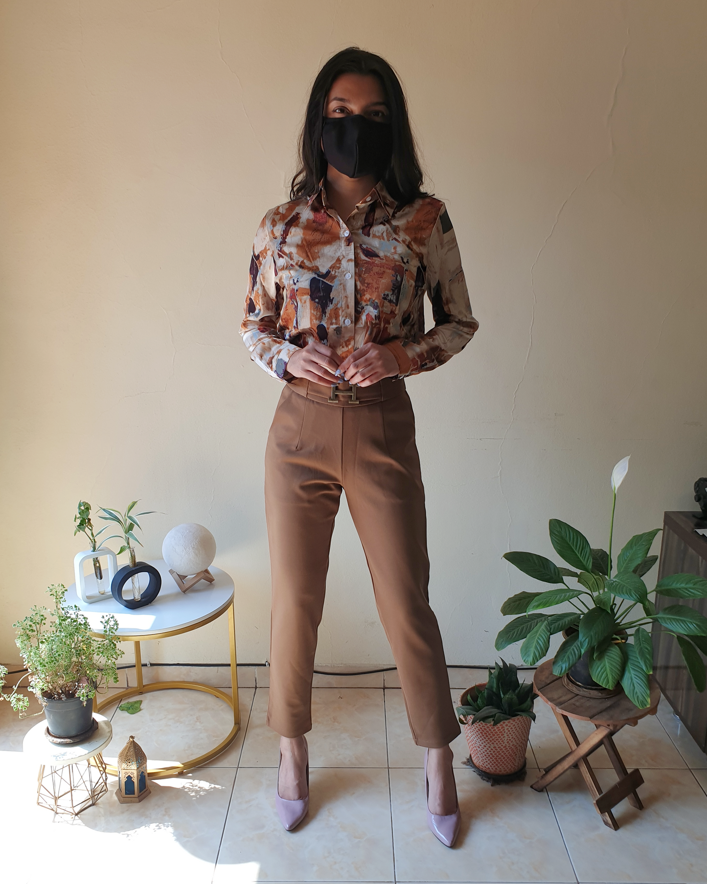 Beige Rust Printed Satin Shirt