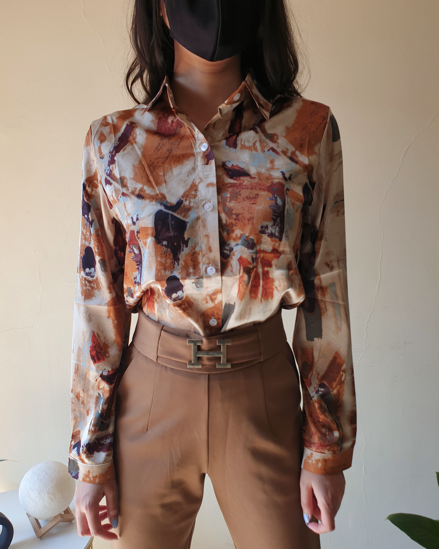 Beige Rust Printed Satin Shirt