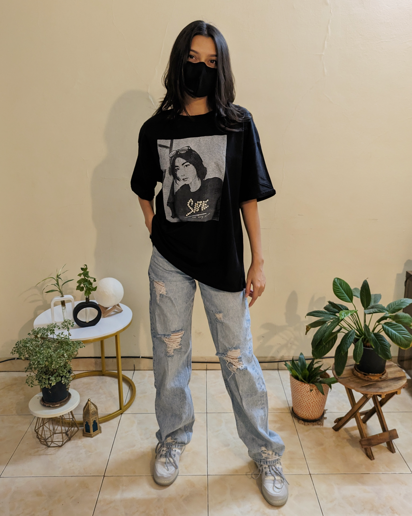 Black Studded Text Oversized Asian Girl Graphic Front-Print Tee